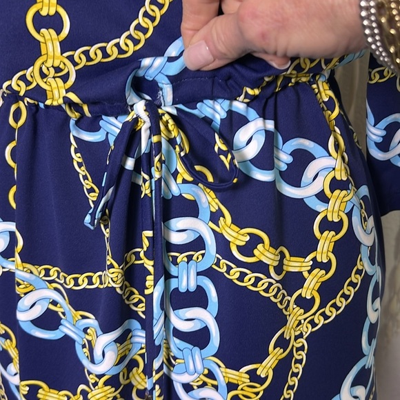 J. McLaughlin Blue Chain Detail Drawstring Waist Boatneck Dress Size Small - Picture 2 of 10